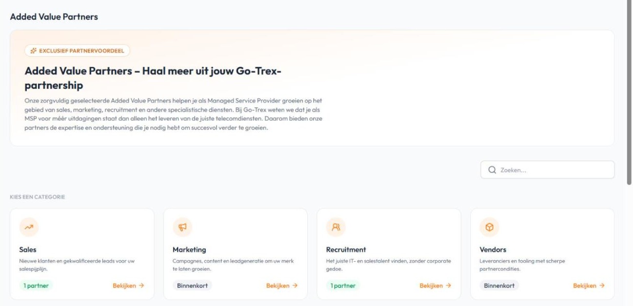 Go-Trex partnerportaal: overzicht Added Value Partners (voorbeelddata)