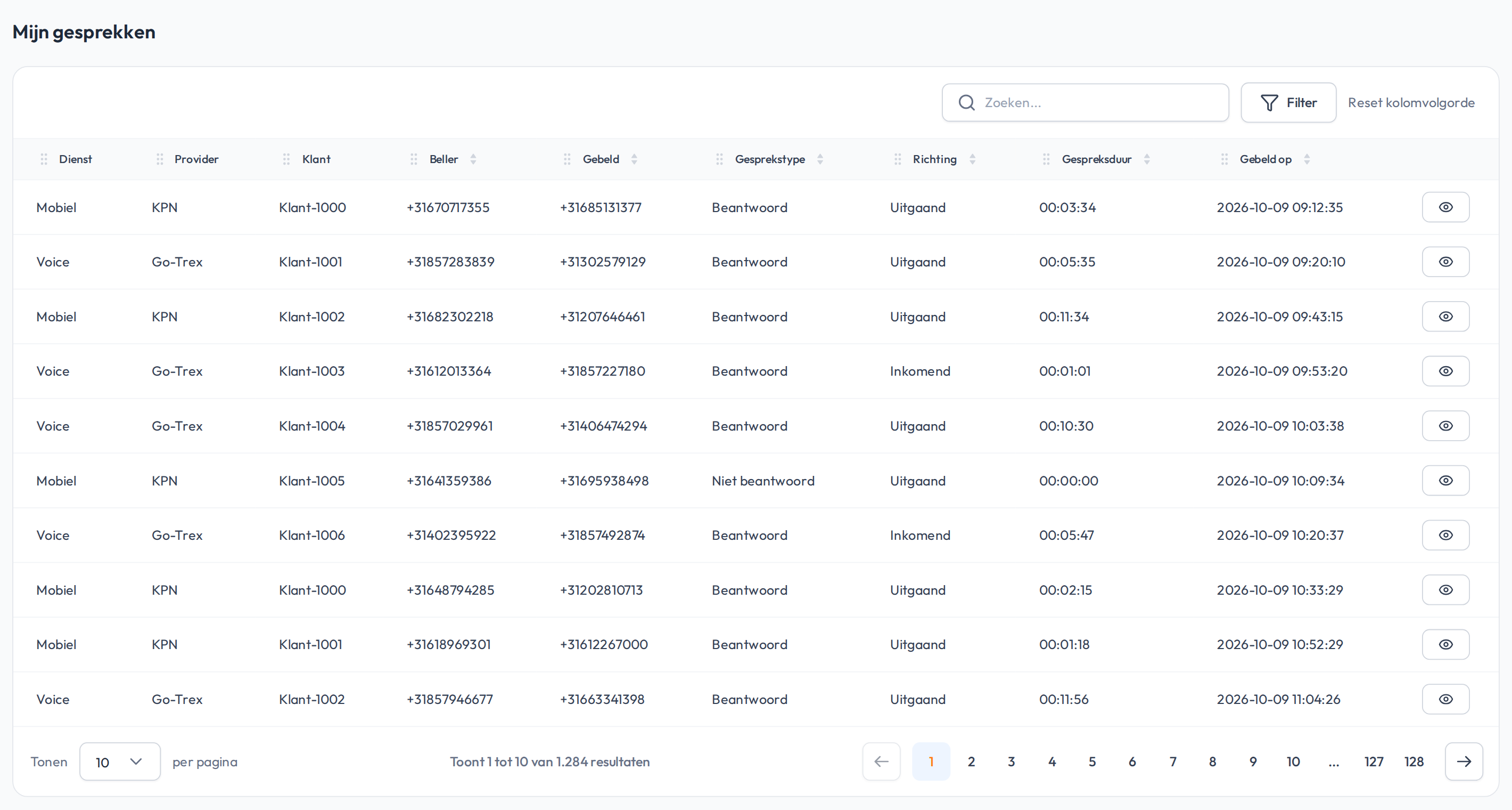 Go-Trex partnerportaal: Mijn gesprekken met CDR's voor voice en mobiel per klant (voorbeelddata)