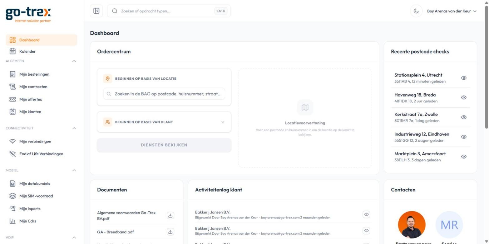 Het dashboard van het Go-Trex partnerportaal, met voorbeelddata (voorbeelddata)