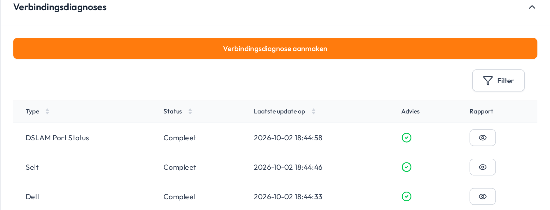 Verbindingsdiagnoses in het Go-Trex partnerportaal, met voorbeelddata