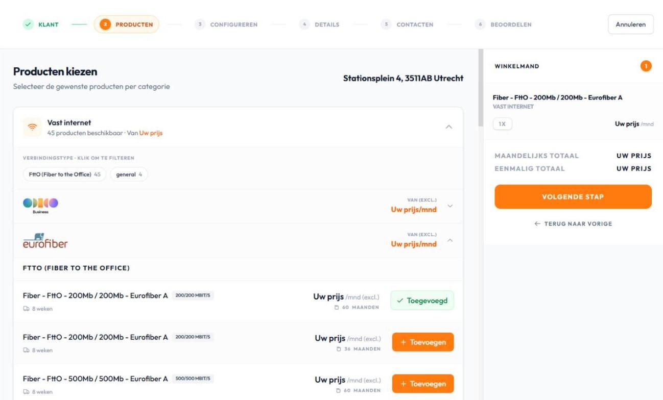 Go-Trex partnerportaal: het ordercentrum: producten kiezen en de winkelmand (voorbeelddata)
