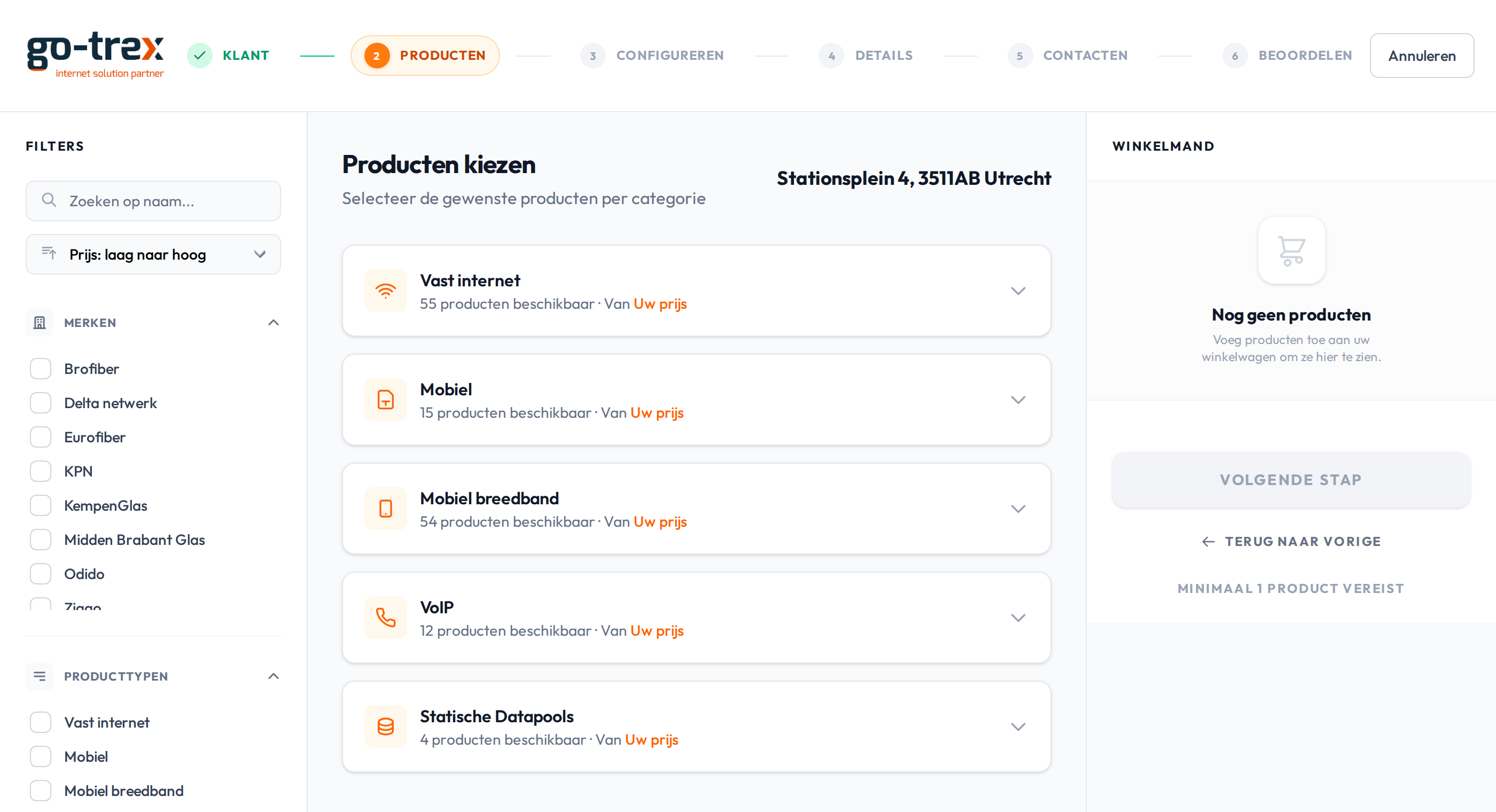 Ordercentrum van het Go-Trex partnerportaal, met voorbeelddata
